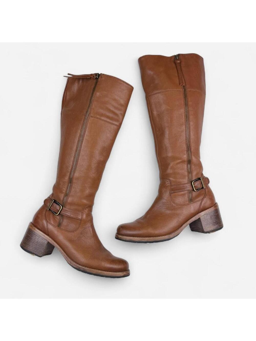 Clarks Cognac Leather Buckle Riding Boots in Brown
